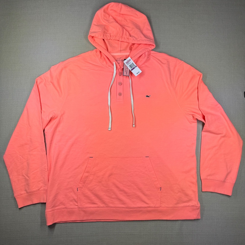 Vineyard Vines Mens XXL Solid Henley Hoodie Papaya Passion Orange NWT